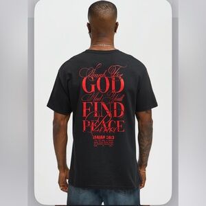 Black Tee with Red Inspirational Print - Find God, Find Peace